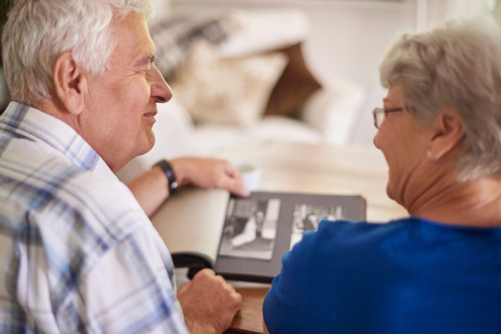 Mature couple reminiscing